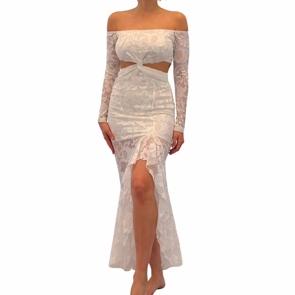 Off-Shoulder White Lace Twist Cutout Maxi Dress